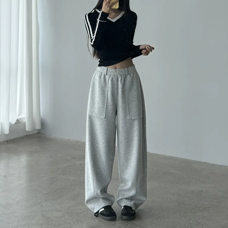 YANGKE早秋时尚休闲中腰阔腿宽松卫裤口袋设计运动裤男女