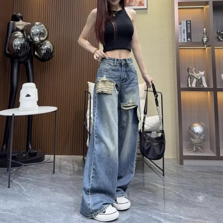 毛边破洞牛仔裤女早秋新款大码胖mm高腰宽松阔脚裤直筒拖地长裤潮
