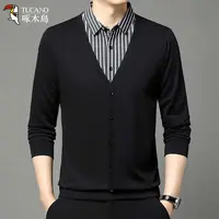 【假两件衬衫】啄木鳥秋季新款长袖针织休闲POLO衫领男士百搭上衣服