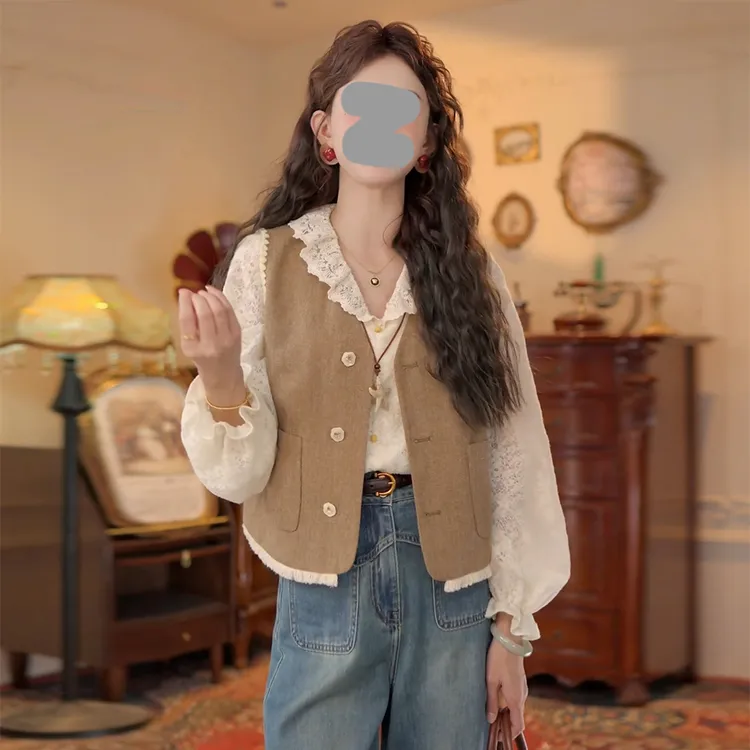 法式小众时尚套装女2026春秋新款提花长袖衬衫流苏马甲外套两件套