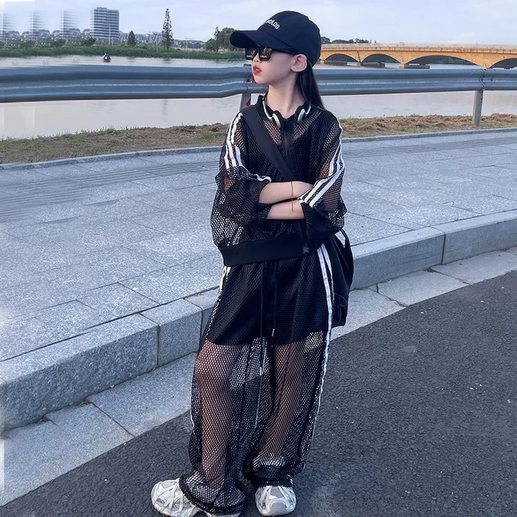 女童夏季套装2025新款儿童洋气时髦网纱透视上衣中大童女孩两件套