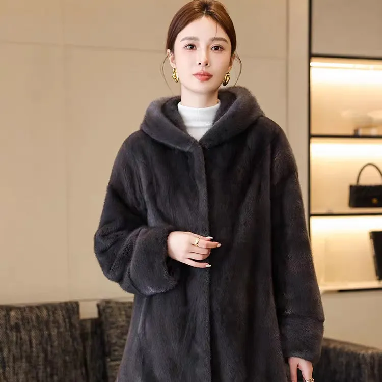 金标正品冬季毛毛外套女新款连帽毛茸茸大衣皮毛一体加厚上衣宽松