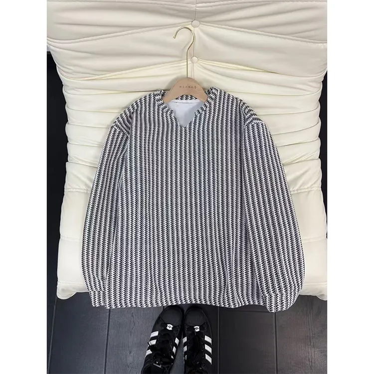 雪尼尔鱼骨纹长袖T恤男款秋冬加绒加厚v领卫衣美式重磅内搭打底衫