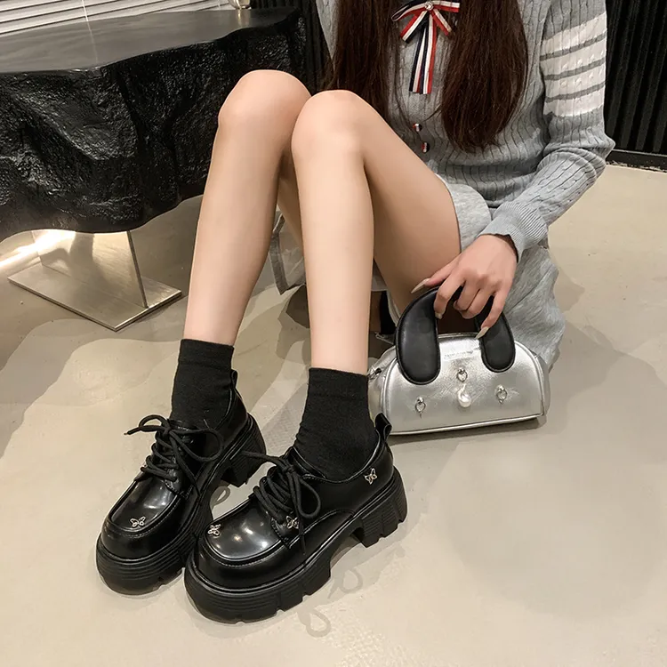 纪百琪厚底乐福鞋女2025新款英伦风学院单鞋女圆头黑色系带小皮鞋