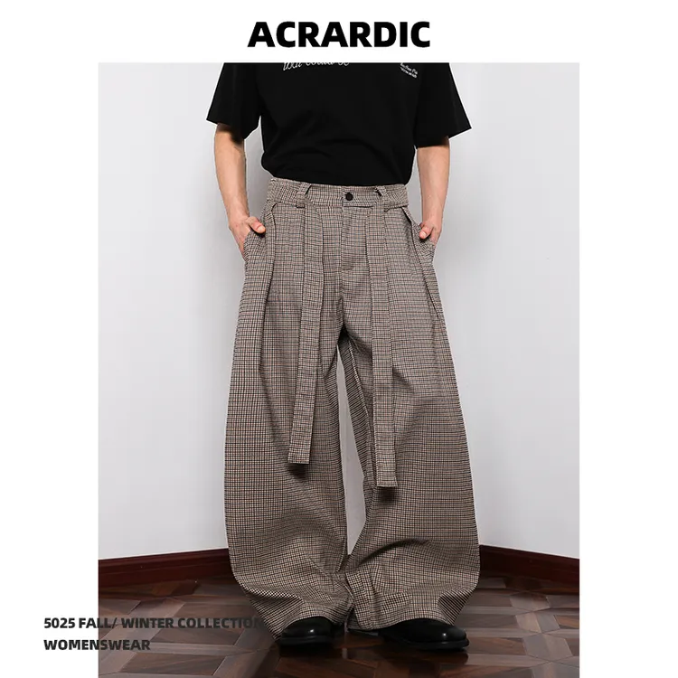 ACRARDIC复古老钱风腰带设计千鸟格西裤男cleanfit美式宽松休闲裤