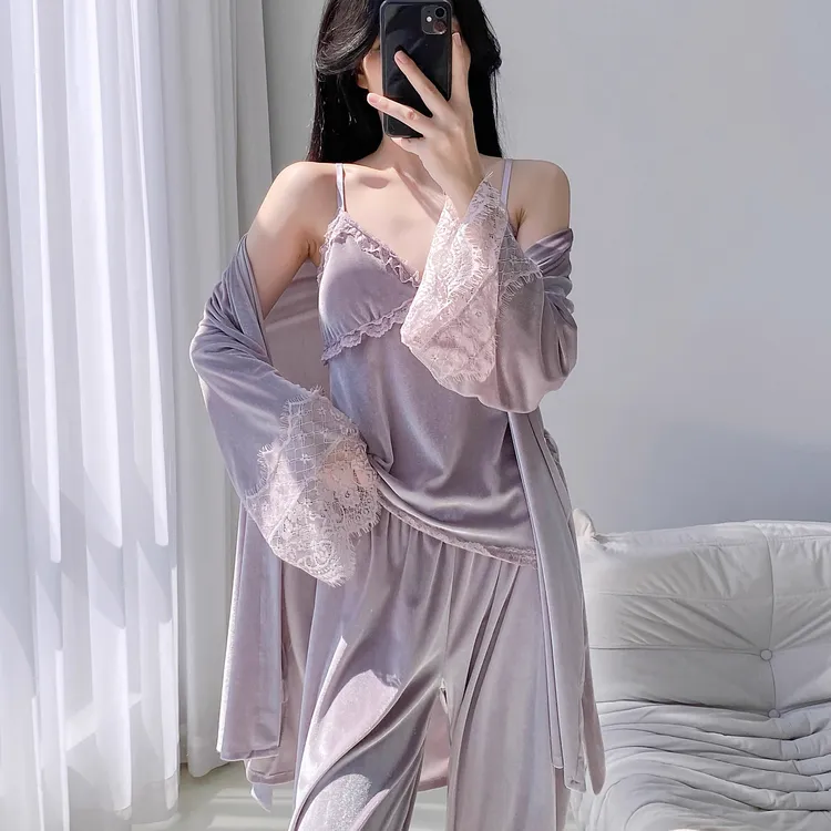 三件套金丝绒2025长袖带胸垫睡衣秋季女睡袍吊带新款蕾丝花边法式