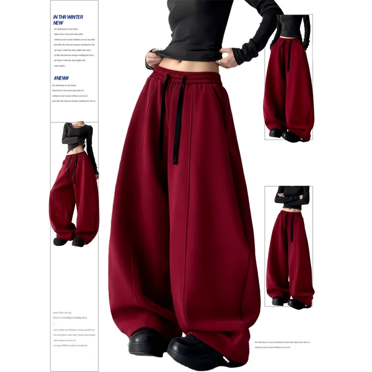 巨好看卫裤女圣诞红秋冬新款重磅撞色弯刀裤高级感加绒休闲阔腿裤