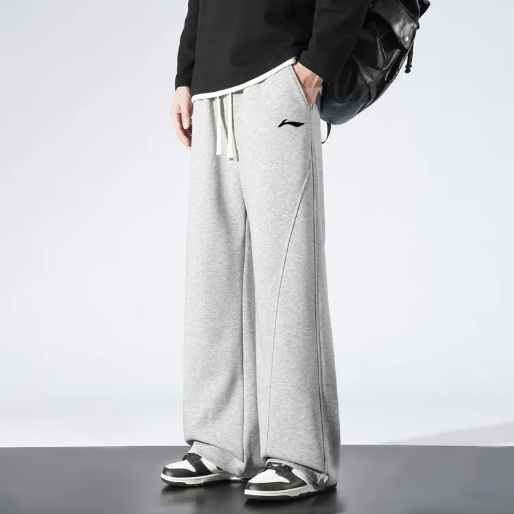 李i宁男裤秋冬季棉质直筒休闲长裤加绒加厚宽松青少年运动卫裤子