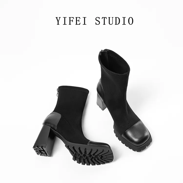 【跟高8CM】防水台增高厚底高跟短靴黑色绒面冬季保暖靴子女瘦瘦靴