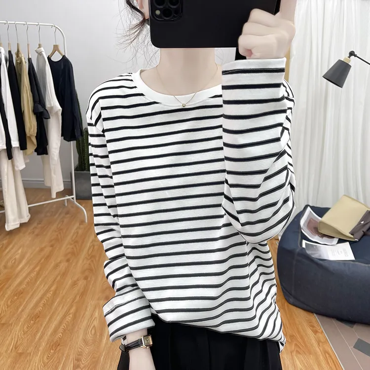 欧货春装纯棉条纹长袖T恤女2025宽松减龄上衣复古圆领打底衫体恤