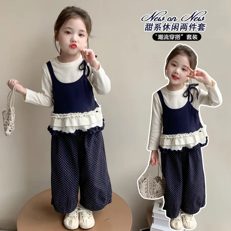 女童套装韩系甜美儿童假两件T恤灯笼裤子两件套小女孩宝宝春秋装