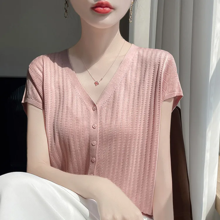 年夏季新款莱赛尔天丝领针织短袖开衫宽松坑条薄款恤防晒衫