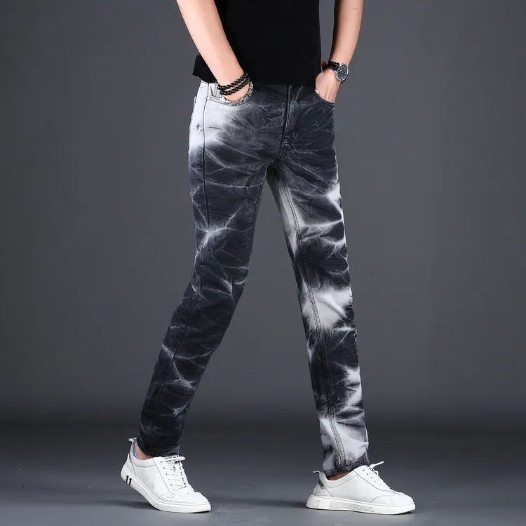 秋季新款水墨黑晕染牛仔裤男士爆款时尚潮流韩版男修身小脚长裤厚