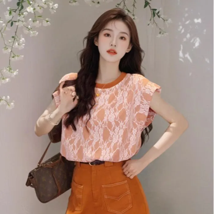 砂糖橘2025年夏季新款蕾丝拼接短袖t恤女宽松设计感百搭显瘦上衣