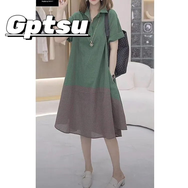 GPTSu夏季大码女士遮肚子显瘦减龄洋气高级感宽松休闲衬衫连衣裙