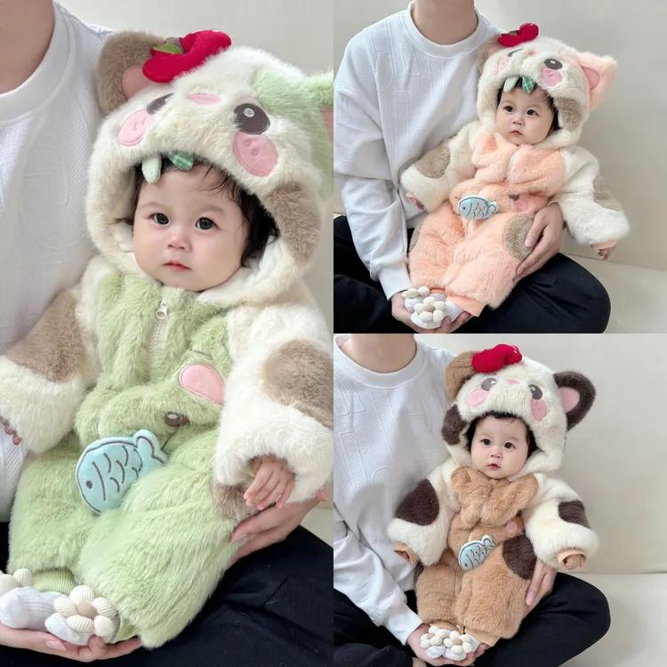 小猫吃鱼连体女宝宝可爱超萌毛茸茸保暖哈衣冬季外出爬服加厚哈衣