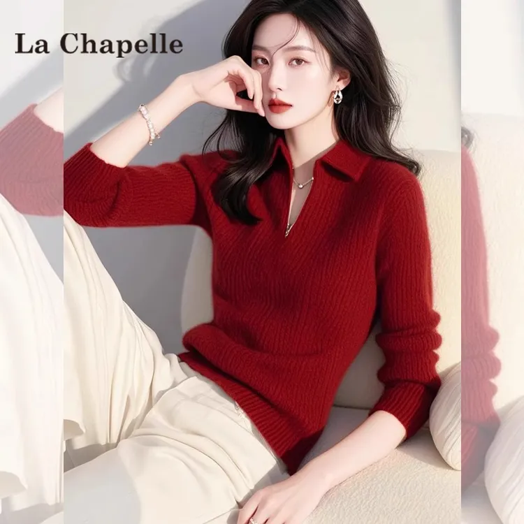 拉夏贝尔小香风红色针织衫毛衣女秋冬新年氛围感穿搭独特漂亮上衣