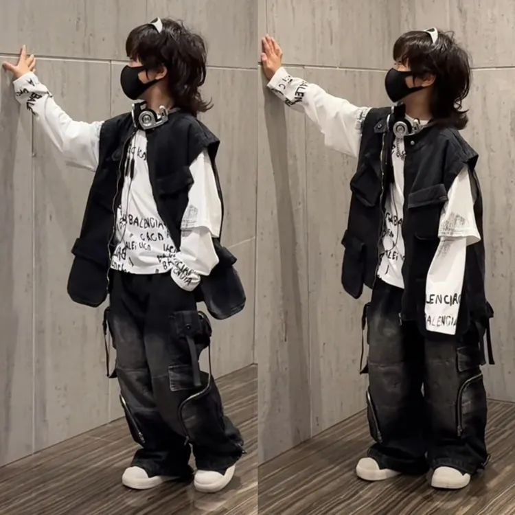 乐乐家儿童新款做旧水洗软牛仔多口袋复古牛仔马甲百搭宽松