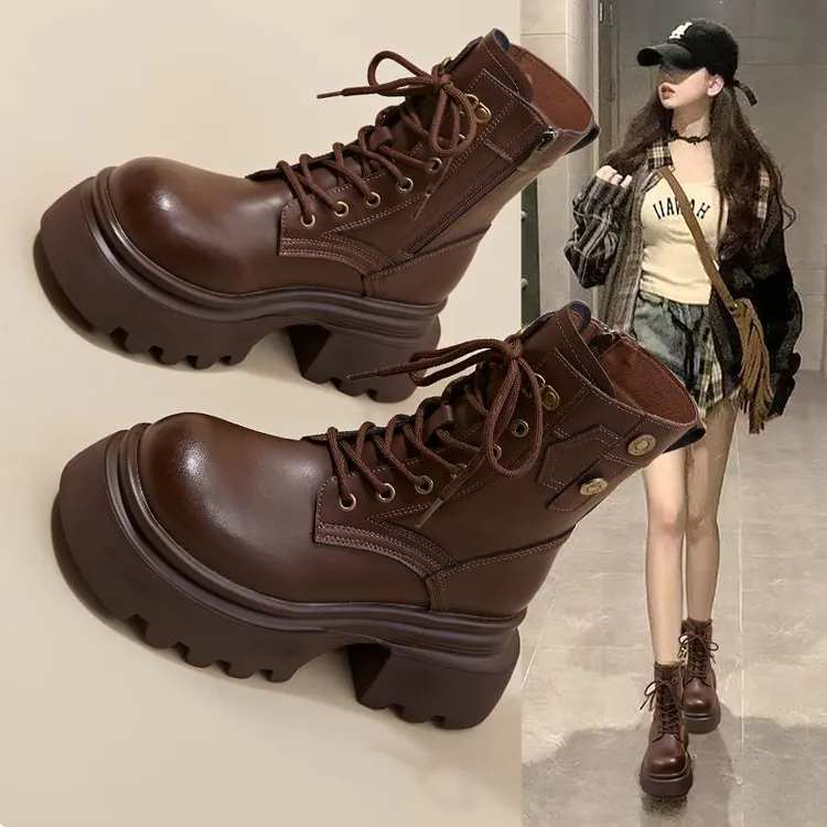 棕色复古马丁靴女英伦风2024新款厚底增高短靴加绒棉鞋子