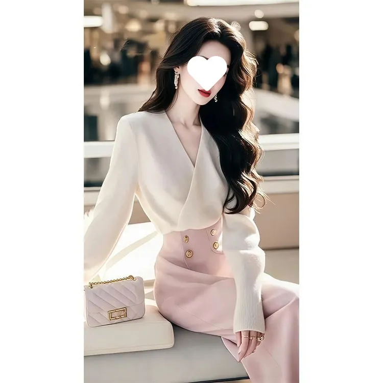 2025春季新款一整套独特绝美女装小香风白色毛衣高腰半身裙套装女
