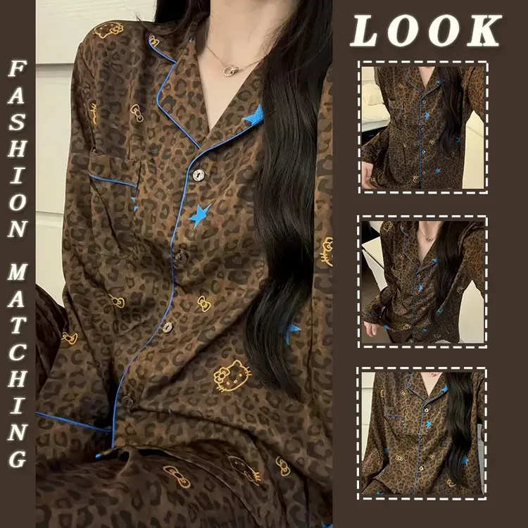 性感纯欲黑皮豹纹睡衣kitty猫套装女春秋季长袖长裤可外穿家居服