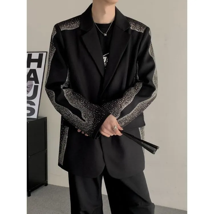 2025秋季高级感烫钻拼接设计西装外套男韩版时尚西服大码宽松上衣
