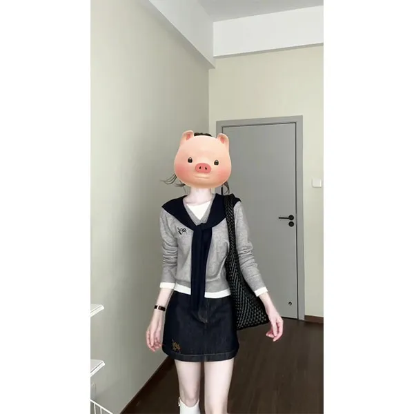 2025韩系早秋气质假两件针织通勤上衣女+牛仔短裙时尚两件套