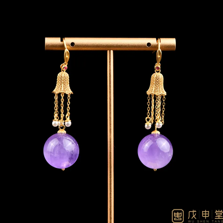 戊申堂【紫气东来】鎏金宫灯紫水晶耳环 国风珠宝