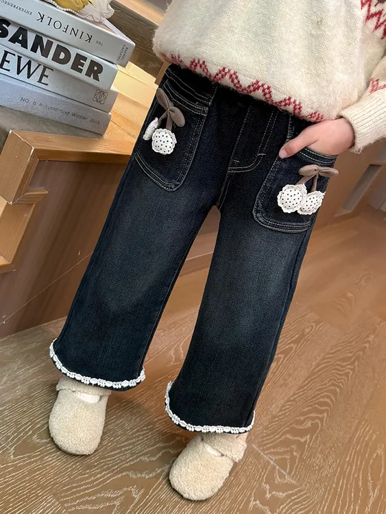 女童裤子秋冬新款牛仔裤女宝宝加厚韩版裤子冬装小女孩阔腿直筒裤