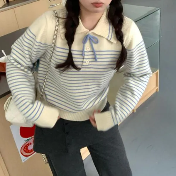 【甜简简】微胖韩系翻领条纹毛衣女秋冬新款胖mm休闲套头针织上衣