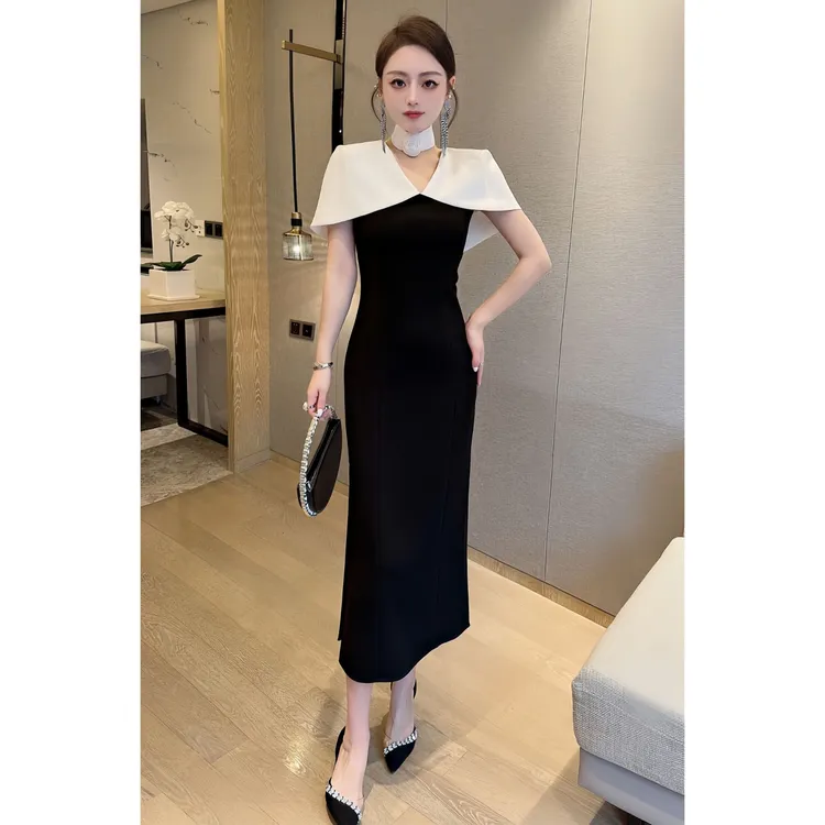ZEROYK高端轻奢女人味礼服裙夏季设计感斗篷披肩撞色修身连衣裙