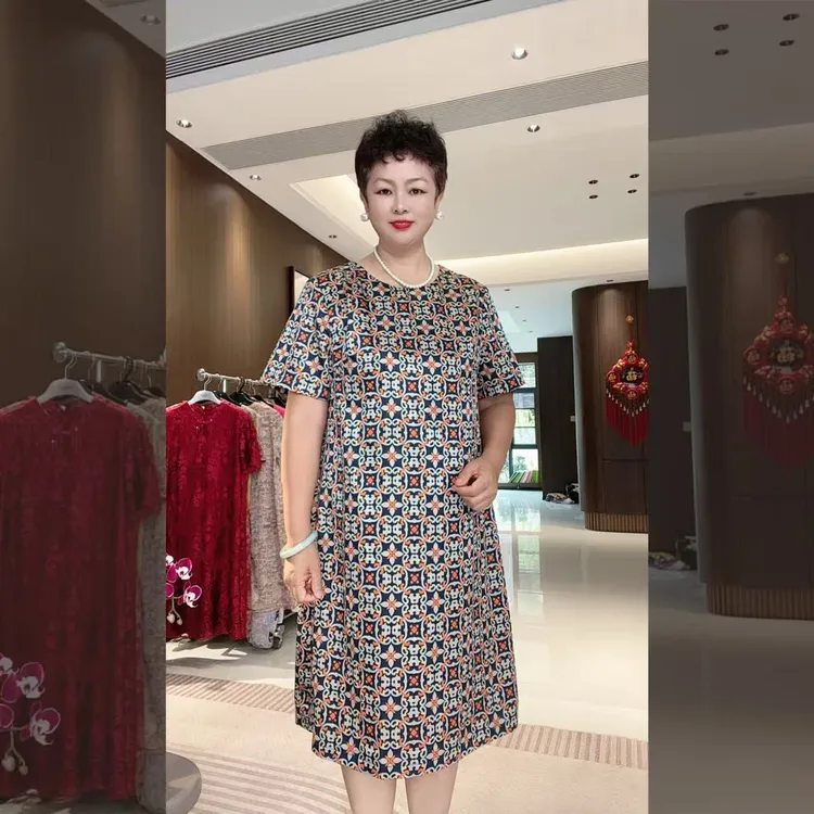 锦汐| 夏款缎面复古透气中长款遮肉显瘦气质复古大码连衣裙A155