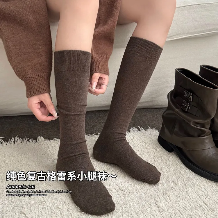 美拉德咖色小腿袜子女春秋季ins潮显瘦压力袜学院风长袜配勃肯鞋