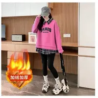 6565衣长65加绒加厚设计感假两件polo领卫衣格子时尚洋气百搭卫衣