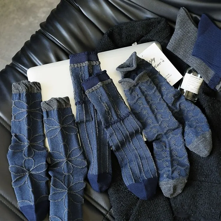 【5双】春秋季氛围感的藏青色复古袜子女中筒~古典热情高冷大气LW