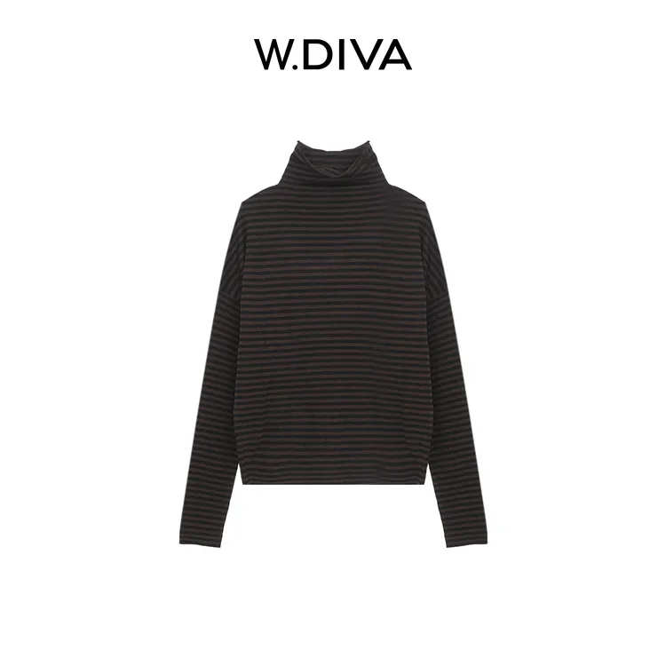 W.Diva【舒间条纹】超细美丽诺羊毛落肩条纹自由领毛衫53Z022573