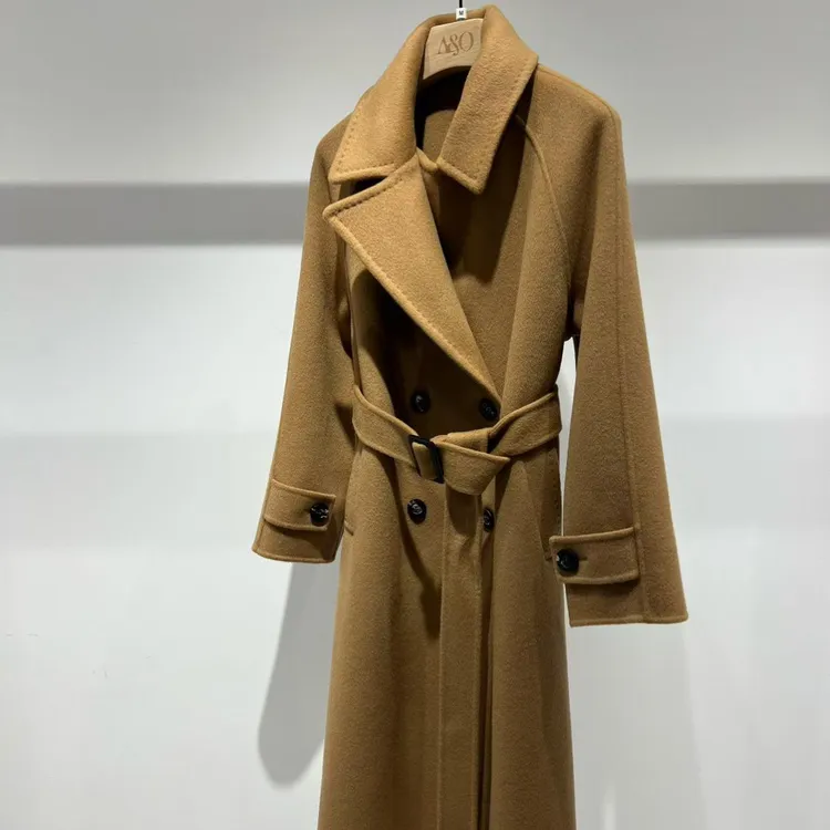 女士秋冬系带收腰宽松中长款双面羊绒大衣毛呢外套