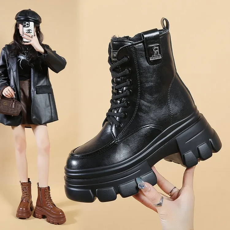 冬季新品厚底松糕底防滑加绒保暖中筒侧拉链马丁靴女鞋