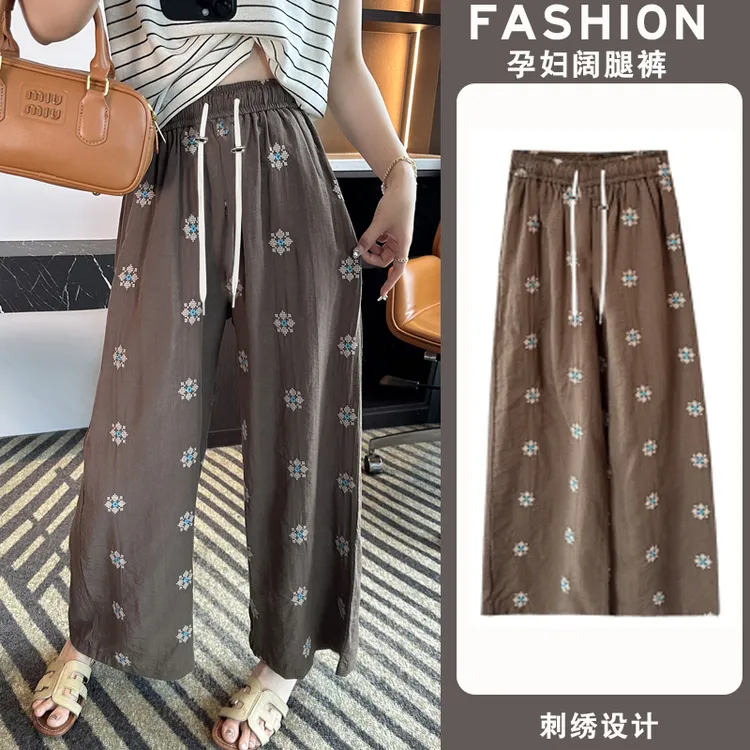 孕妇时髦设计重工显瘦高腰阔腿裤夏季新款超火薄款弹力印花休闲裤