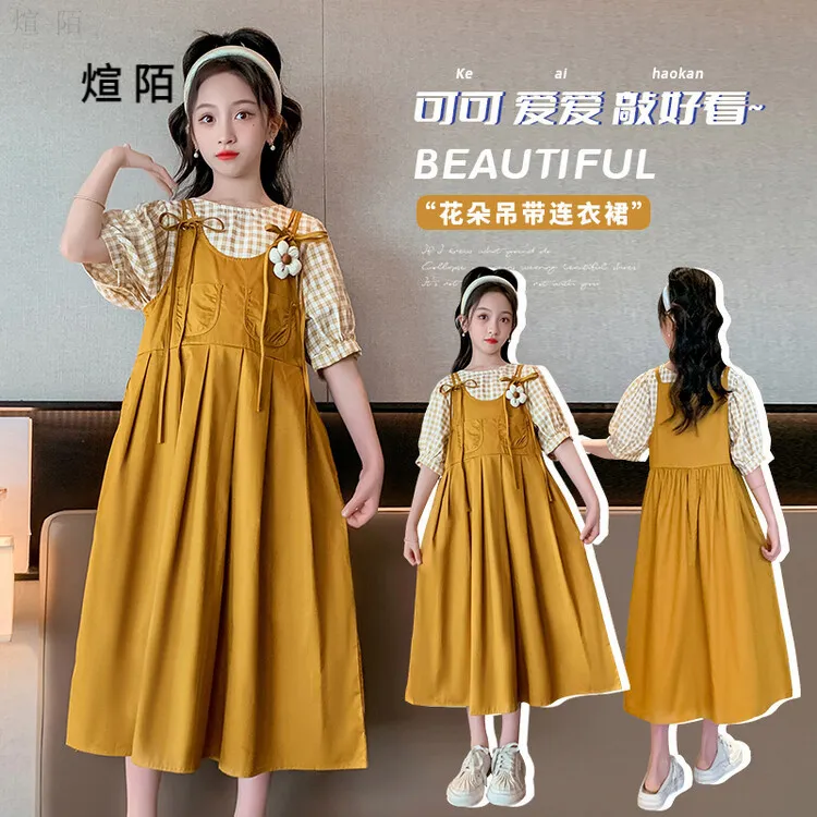 时尚夏季棉布背带裙儿童洋气长裙学院风夏天裙子小网红夏装中大童