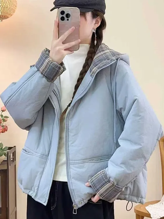 加厚连帽羽绒棉衣女2025冬新款小个子宽松学院风棉袄短款爆款外套