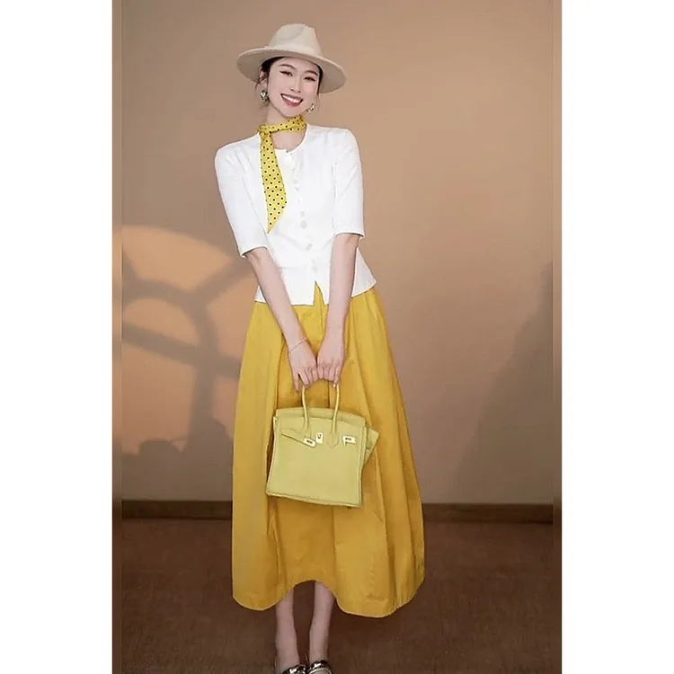 送丝带气质一整套穿搭小众白色短袖上衣黄色高腰半身裙两件套装女