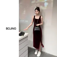 现货(霓裳)丝绒百搭收腰显瘦修身背心长裙开叉连衣裙