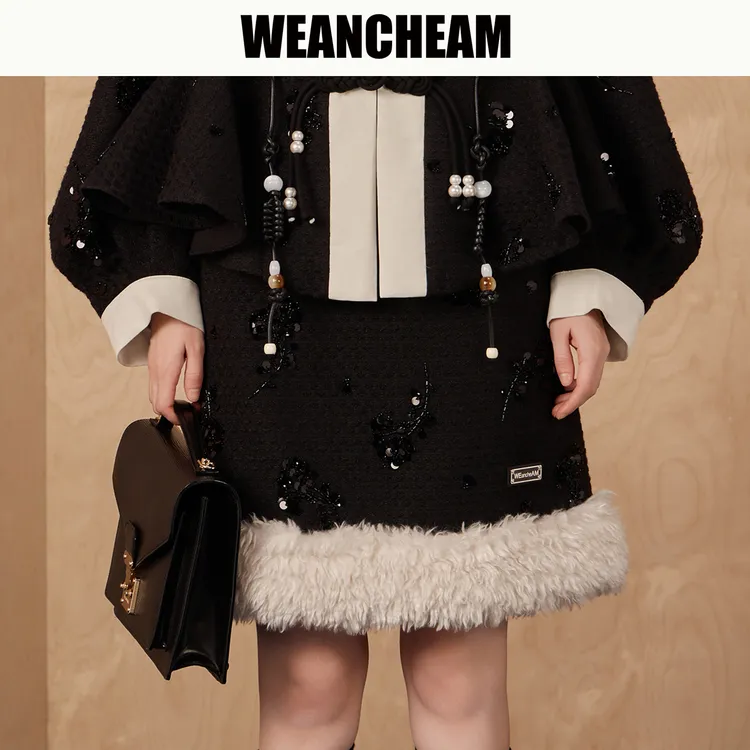 WEANCHEAM未未姆毛茸茸短裙秋冬女装时尚钉珠毛边下摆裙W16QDB008