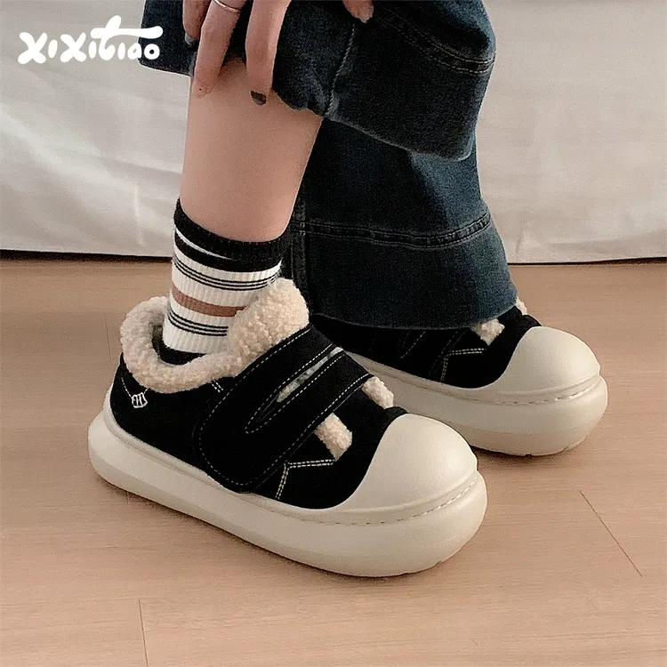细细条 加绒魔术贴厚底毛毛鞋女冬季百搭保暖运动休闲板鞋棉鞋ins