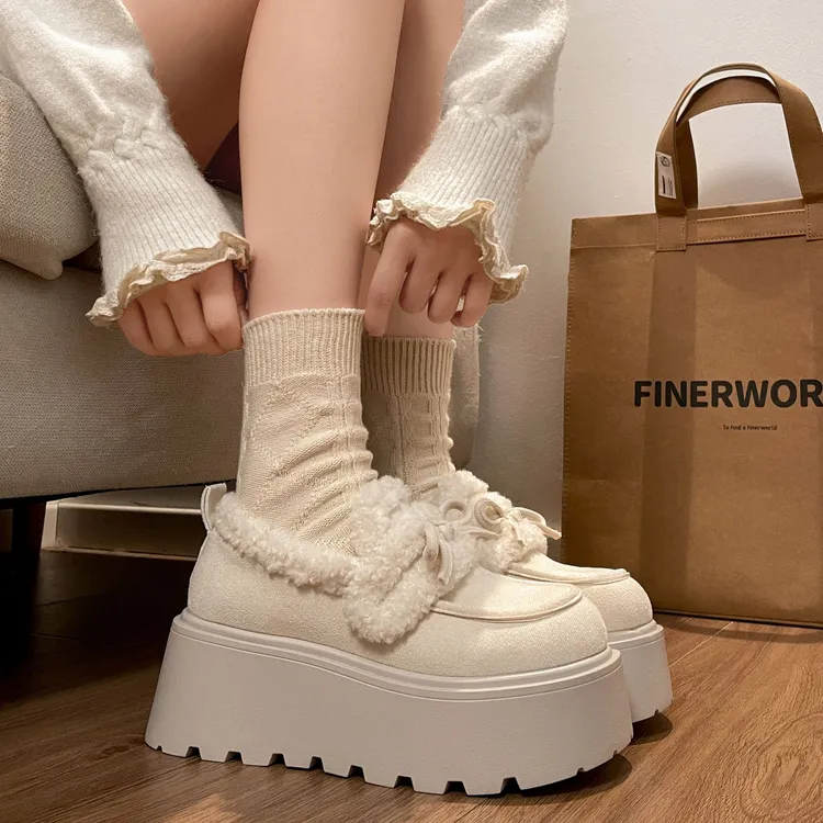 南在南方防滑保暖厚底毛毛棉鞋女2025新款冬季加绒增高百搭勃肯鞋