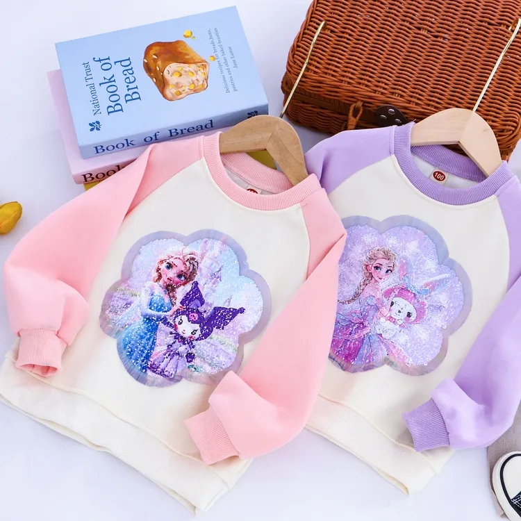 儿童春秋季新款卫衣女孩中小童套头衫亮片变色卡通华棉圆领上衣