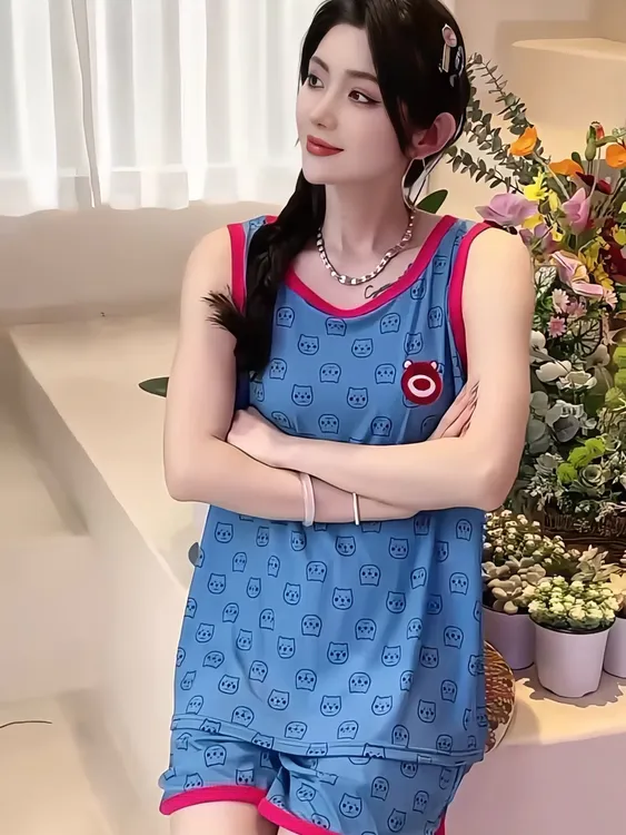女士夏季新款纯色洋气大码无袖短裤草莓熊刺绣宽松时尚睡衣女套装