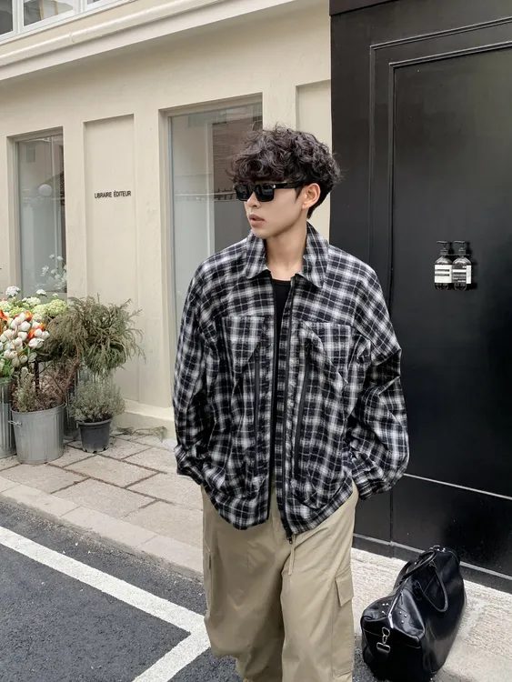 男士宽松立体剪裁格子外套