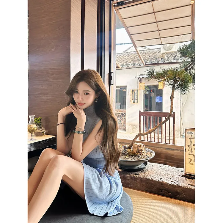 温柔系半高领气质高级感蓝色针织连衣裙收腰显瘦无袖休闲背心短裙